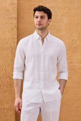 Men’s White Pure Linen Shirt Long Sleeve Button-Down Summer Shirt
