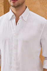 Men’s White Pure Linen Shirt Long Sleeve Button-Down Summer Shirt