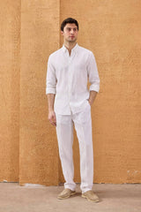 Men’s White Pure Linen Shirt Long Sleeve Button-Down Summer Shirt