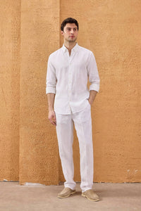 Men’s White Pure Linen Shirt Long Sleeve Button-Down Summer Shirt