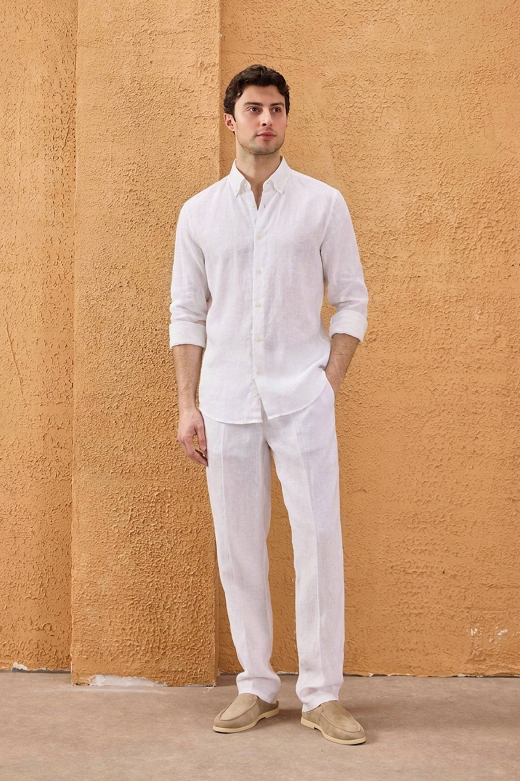 Men’s White Pure Linen Shirt Long Sleeve Button-Down Summer Shirt