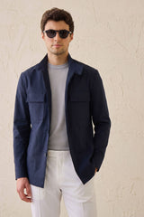 Men’s Navy Cotton Blend Safari Jacket & White Trousers Set Smart Casual Outfit