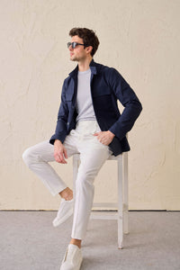 Men’s Navy Cotton Blend Safari Jacket & White Trousers Set Smart Casual Outfit