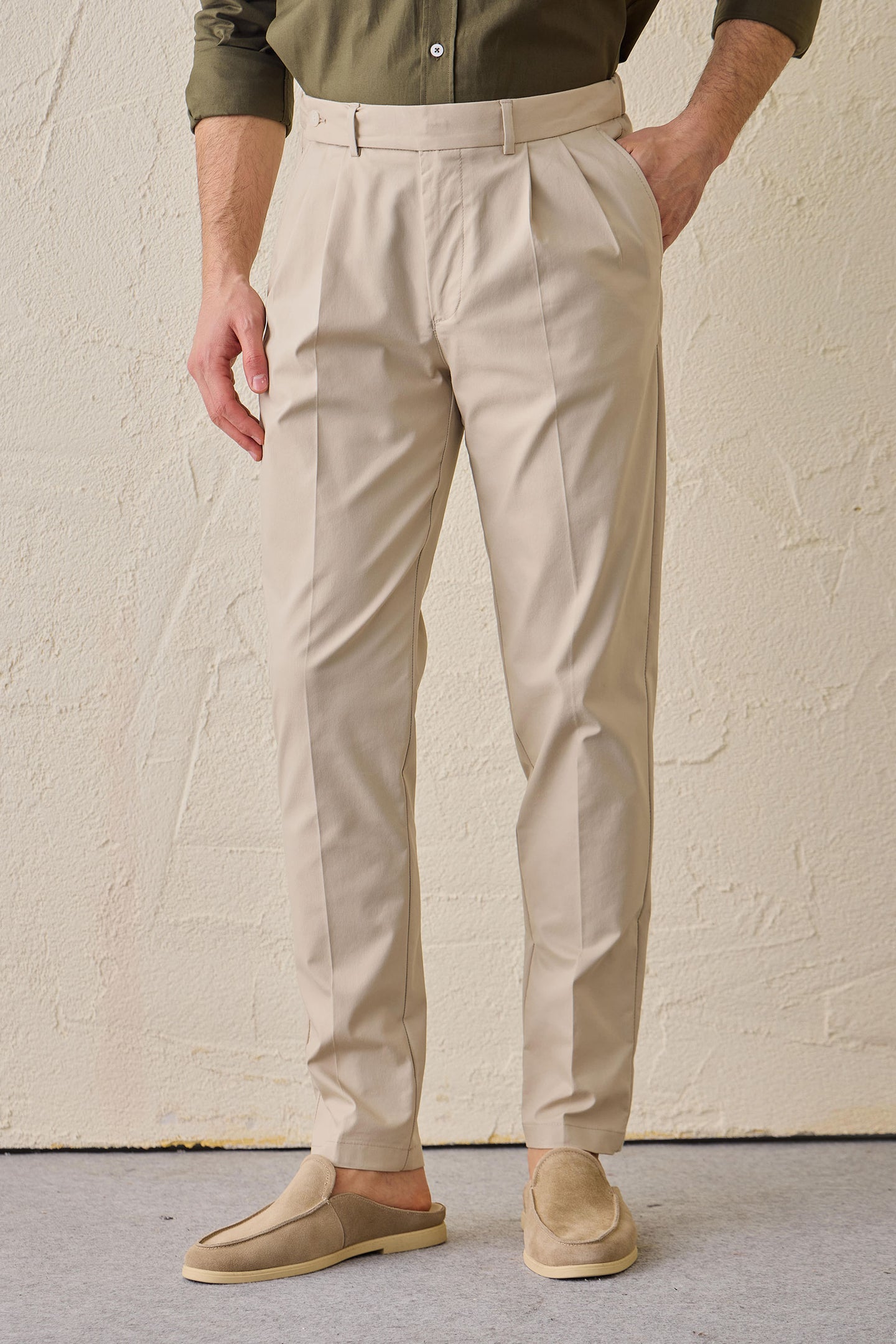 Beige Pleated Smart Casual Trousers for Men Tailored Classic Fit