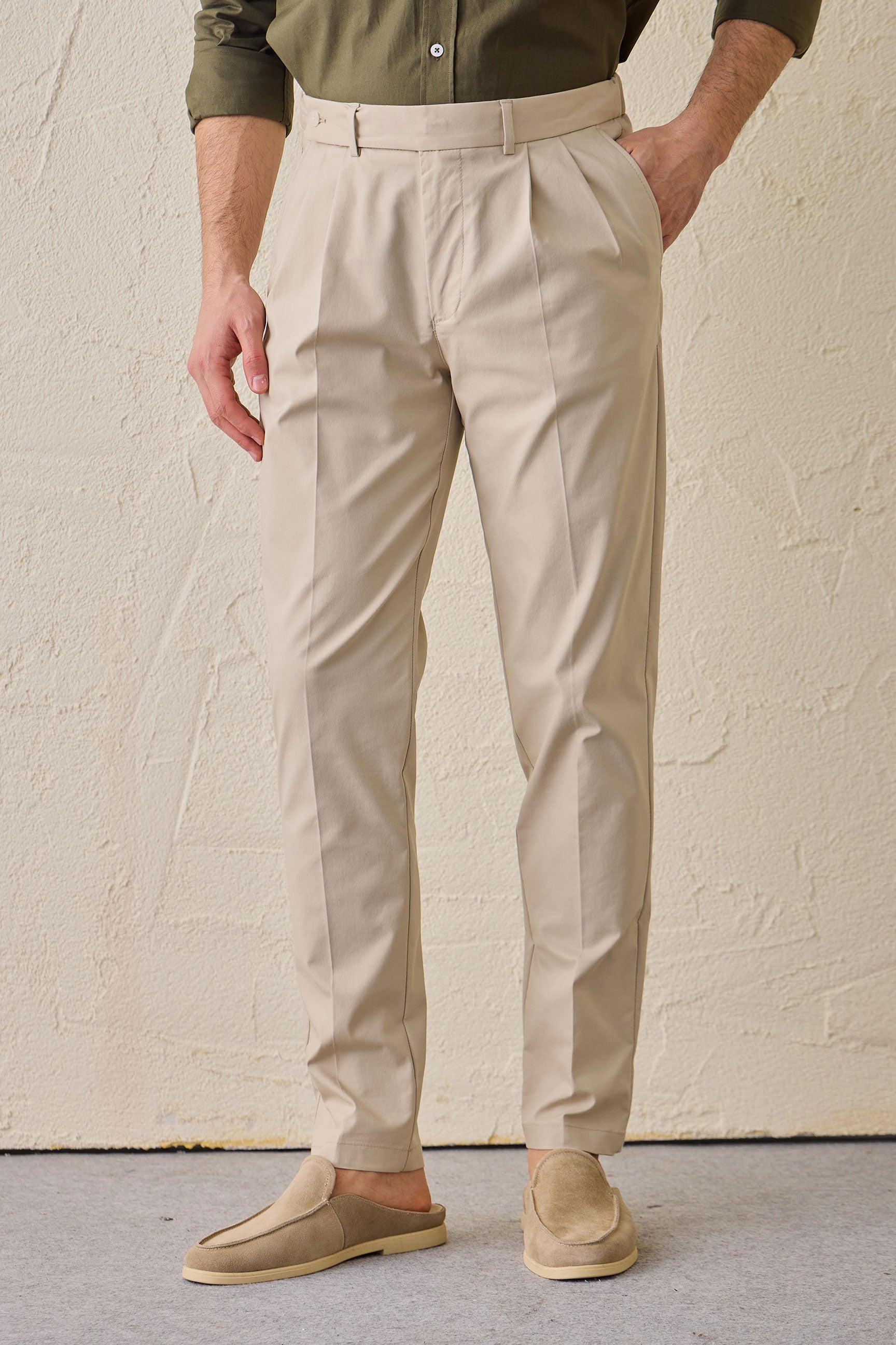 Men’s Sage Green Cotton Blend Safari Jacket & Beige Trousers Set Smart Casual Outfit