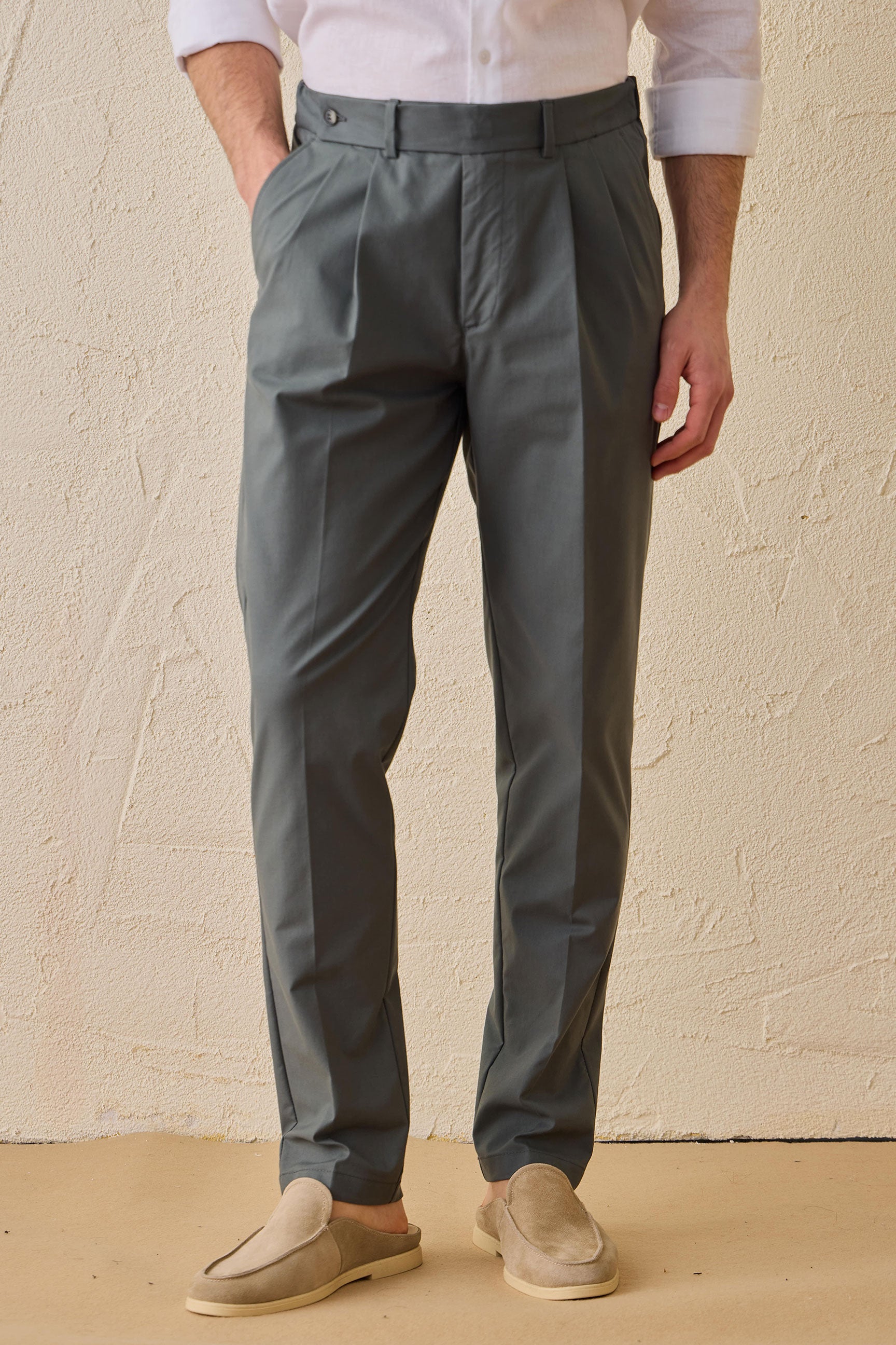 Men’s Sage Green Smart Casual 2 Piece Suit Safari Style Stand Collar Stretch Set