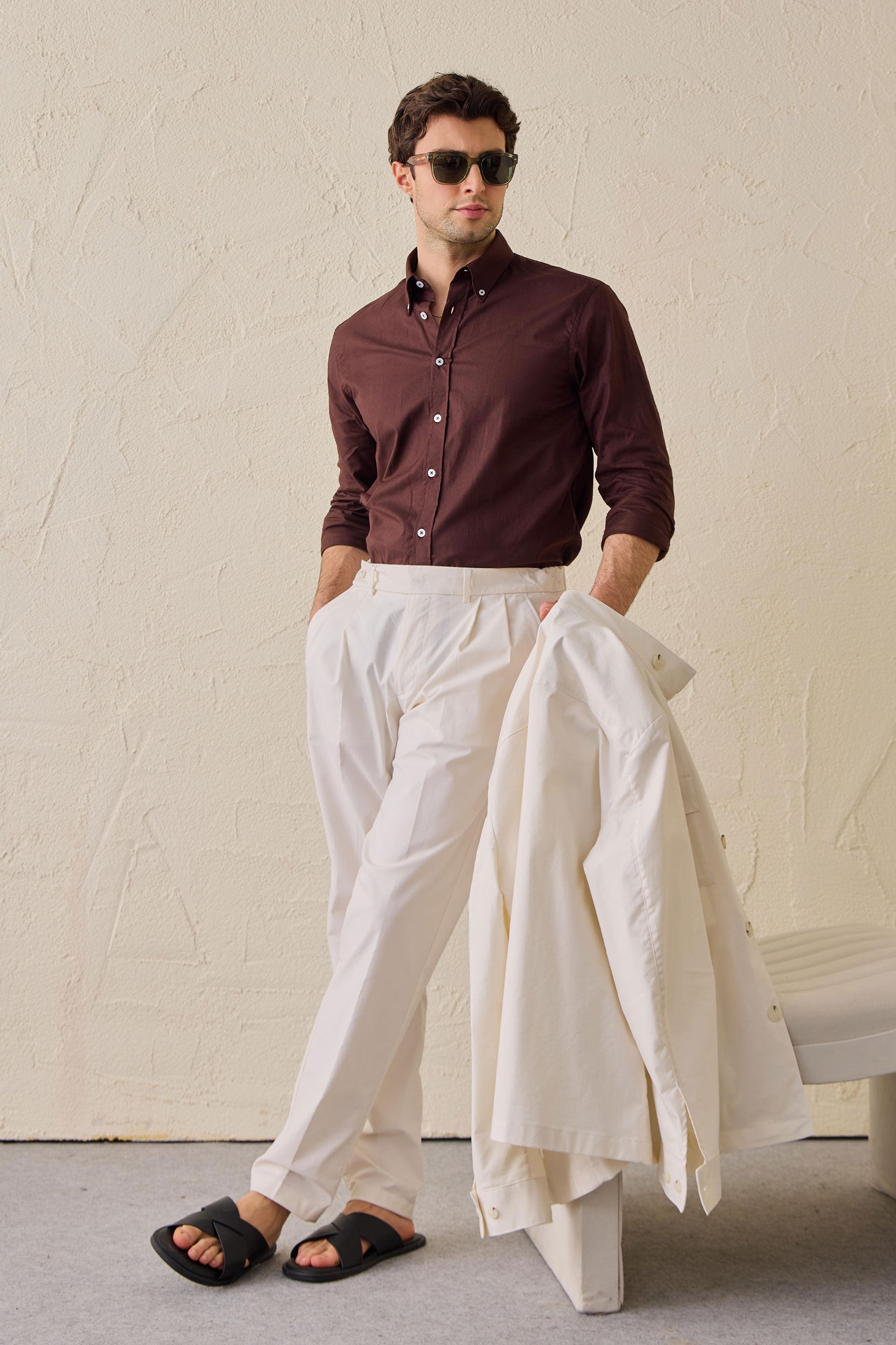 Men’s White Smart Casual 2 Piece Suit Safari Style Stand Collar Stretch Set