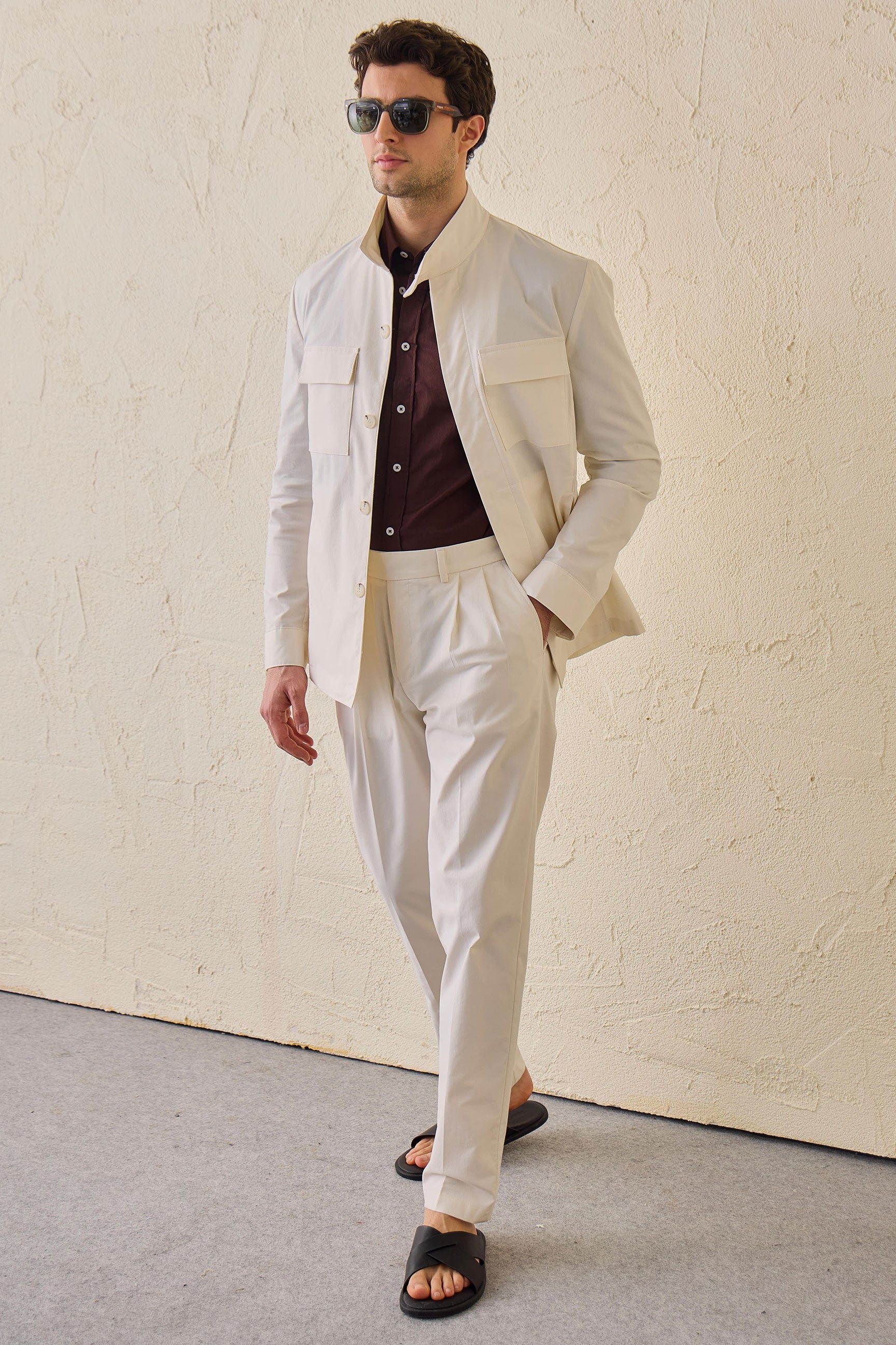 White Pleated Smart Casual Trousers for Men Tailored Classic Fit