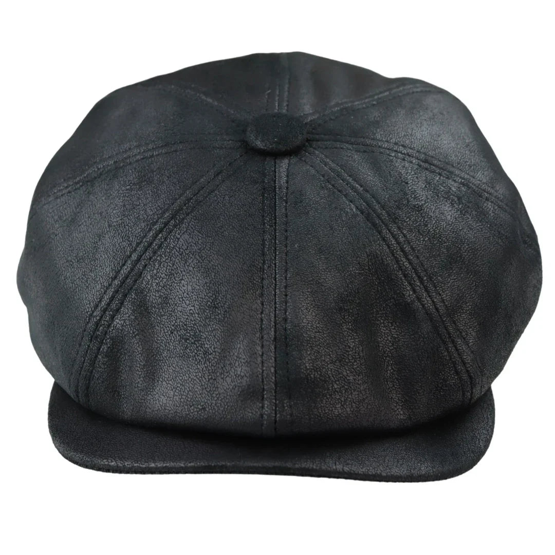 Men's 8 Panel Razor Baker Boy Hat PU Leather Blinders Newsboy Flat Cap Black