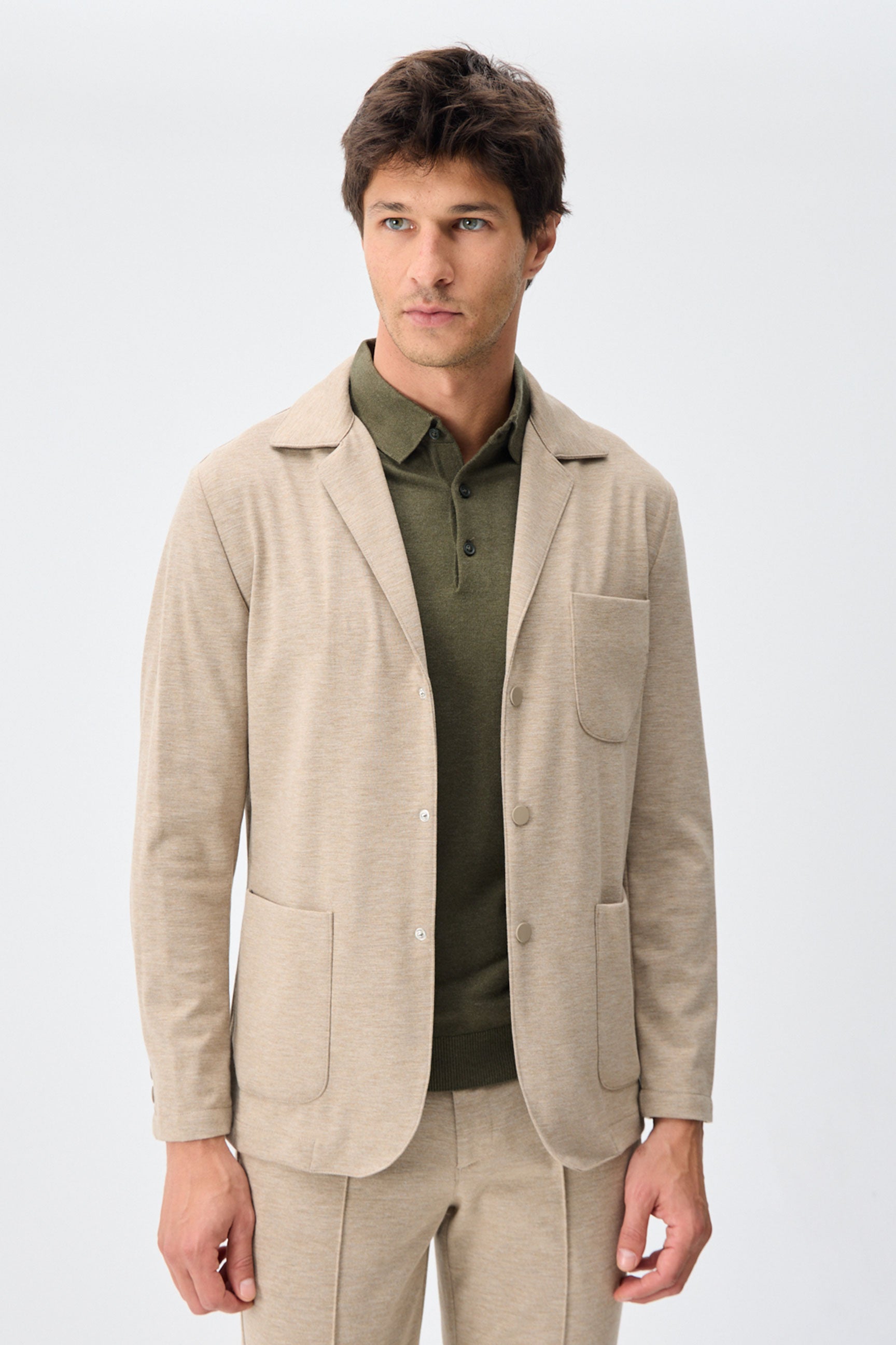 Men’s Beige Soft Jersey Smart Casual Suit Blazer Jacket & Trousers Set