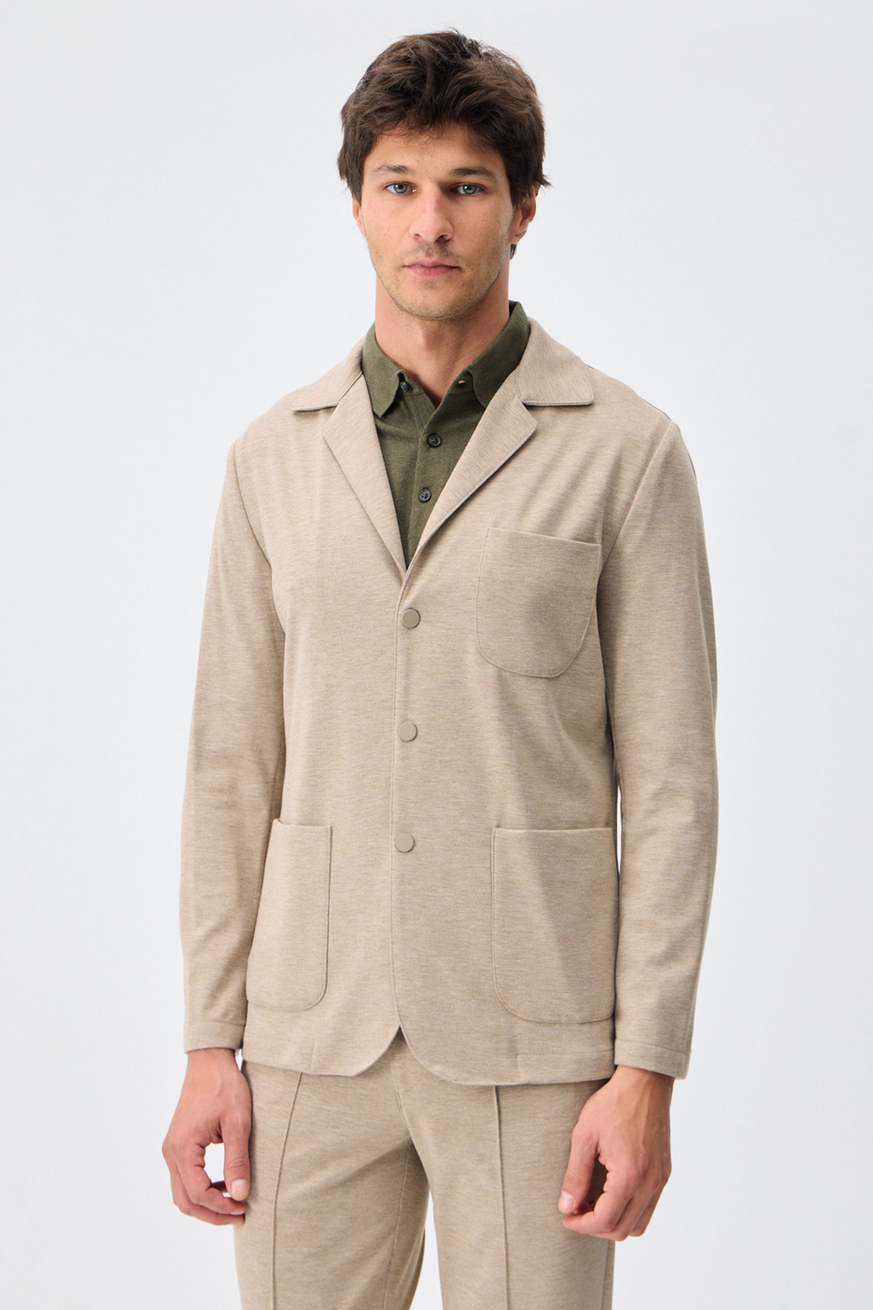 Men’s Beige Soft Jersey Smart Casual Suit Blazer Jacket & Trousers Set
