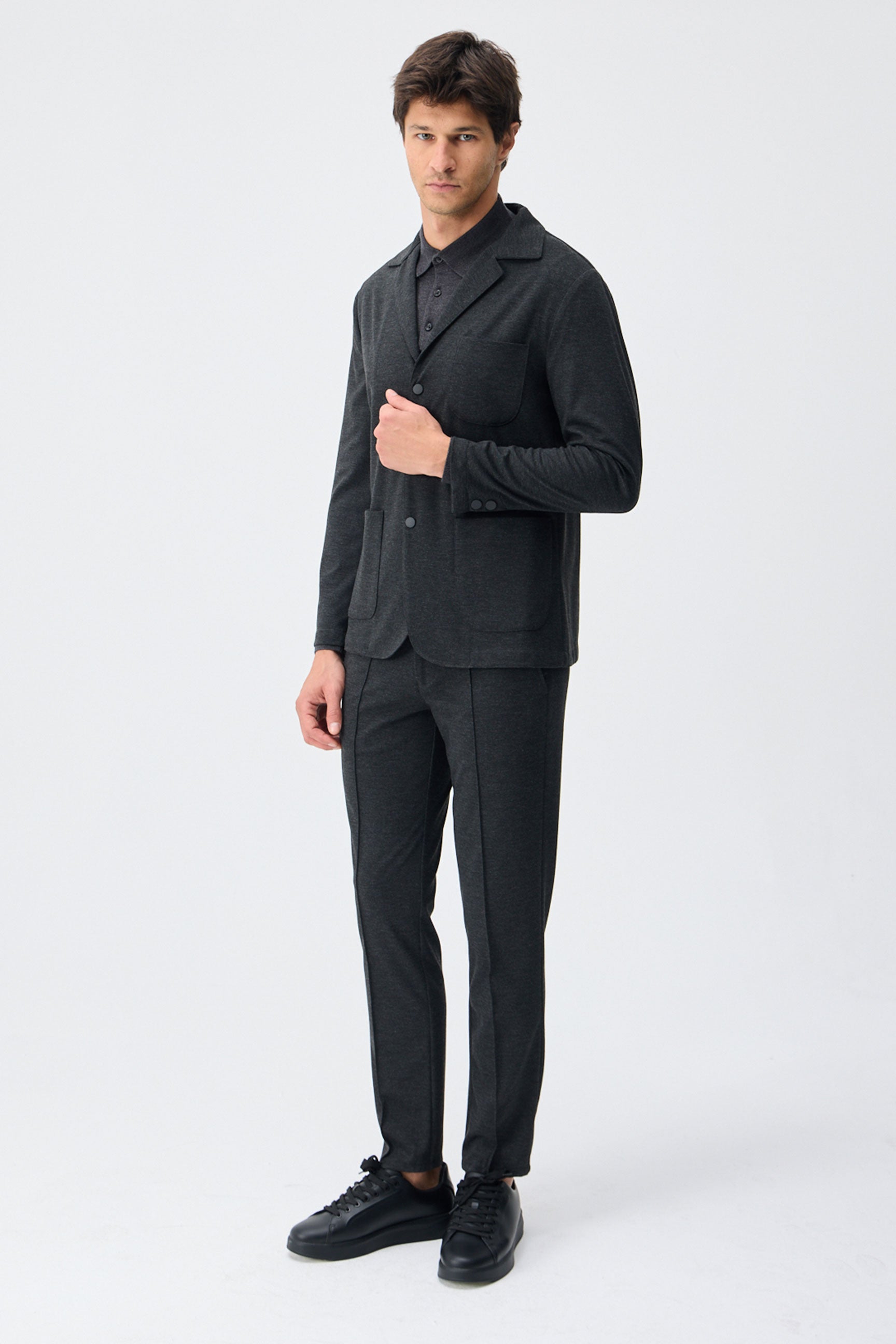 Men’s Charcoal Soft Jersey Smart Casual Suit Blazer Jacket & Trousers Set