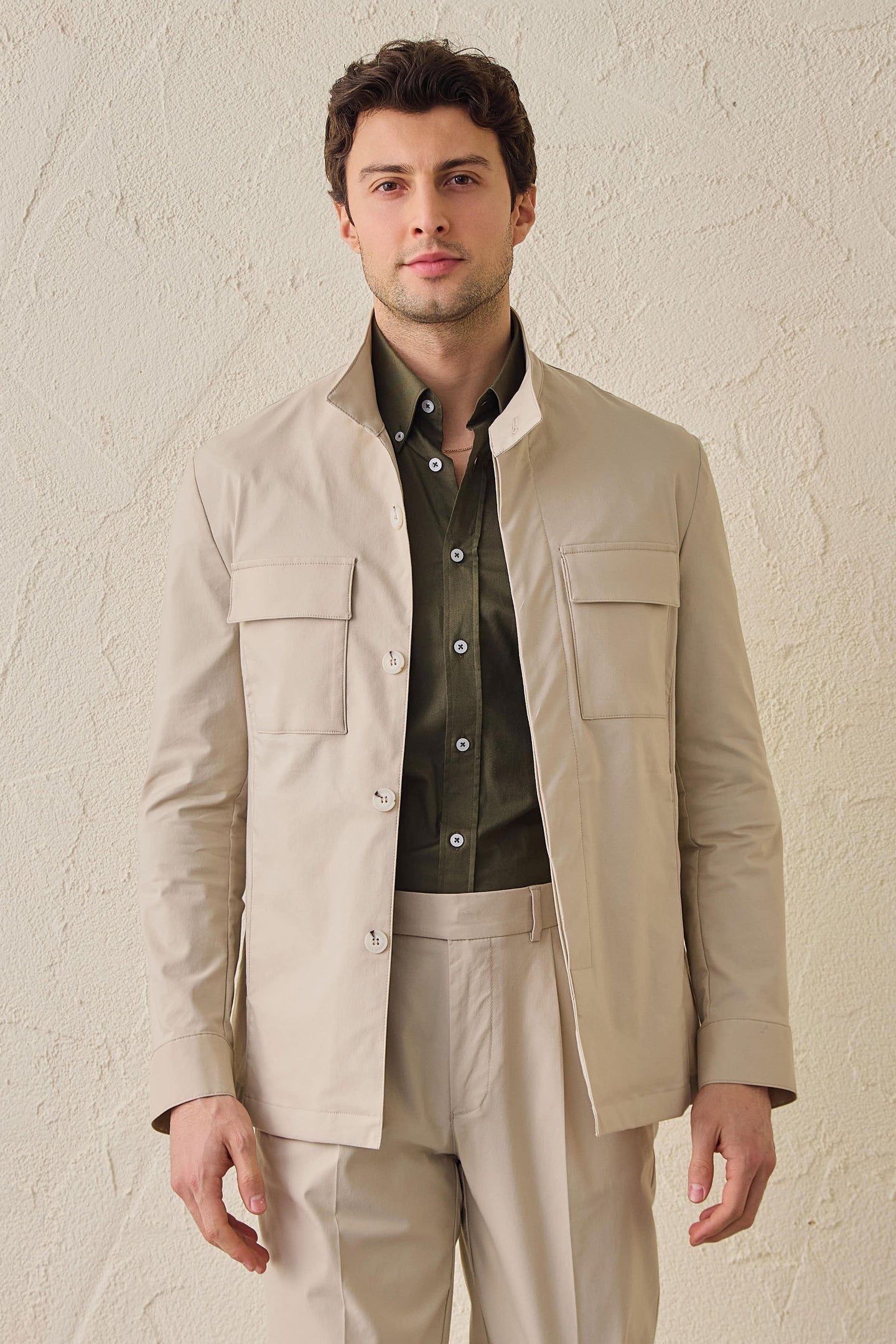 Men’s Beige Utility Jacket Lightweight Cotton Blend Smart Casual Jacket