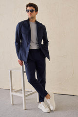 Men’s Navy Smart Casual 2 Piece Suit Safari Style Stand Collar Stretch Set