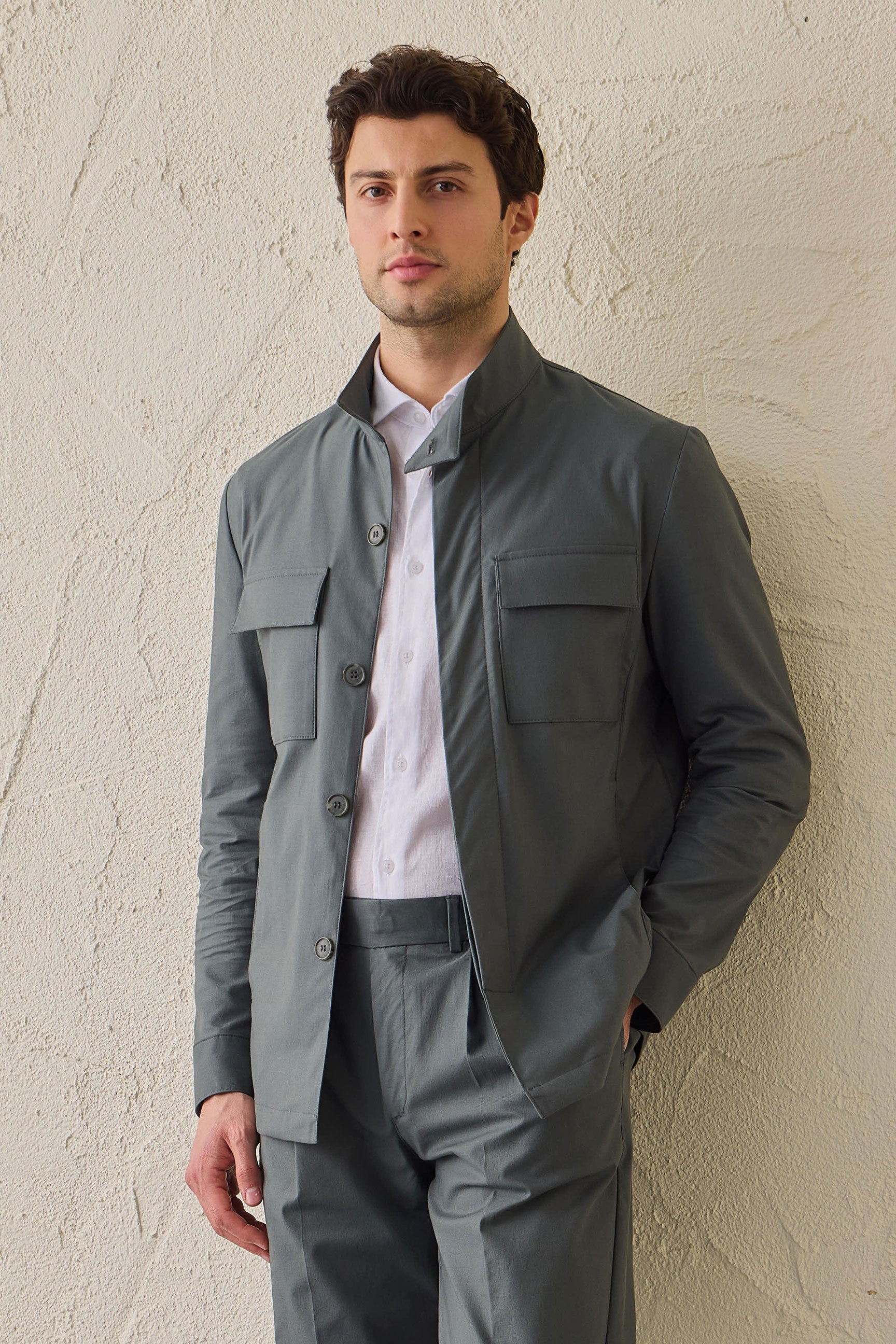 Men’s Sage Green Smart Casual 2 Piece Suit Safari Style Stand Collar Stretch Set