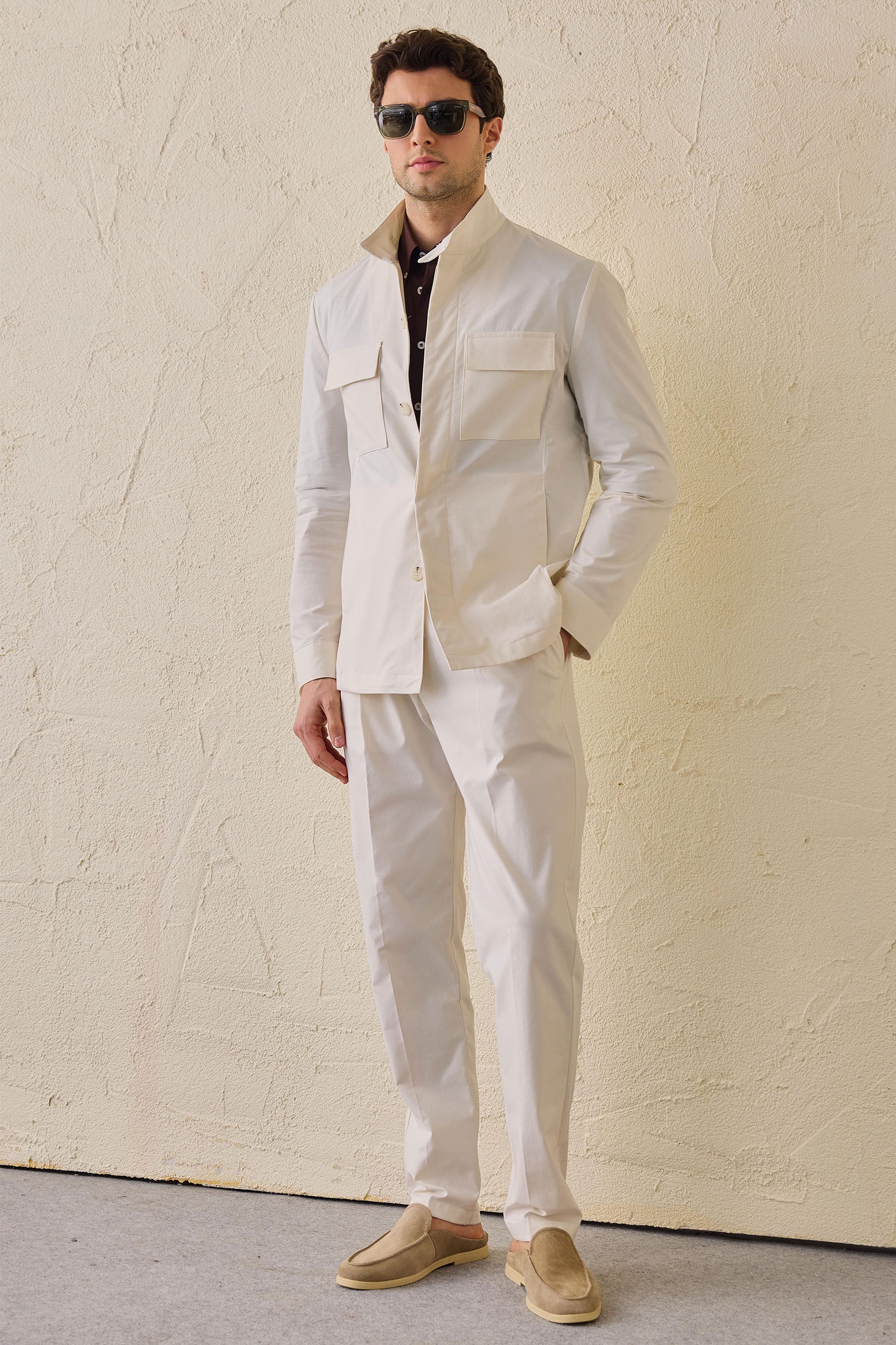 Men’s White Smart Casual 2 Piece Suit Safari Style Stand Collar Stretch Set