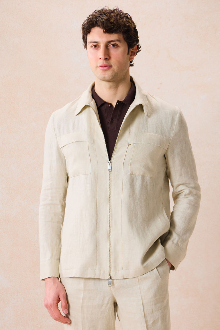 Men’s Beige Linen Zip-Up Shirt Jacket Lightweight Summer Overshirt