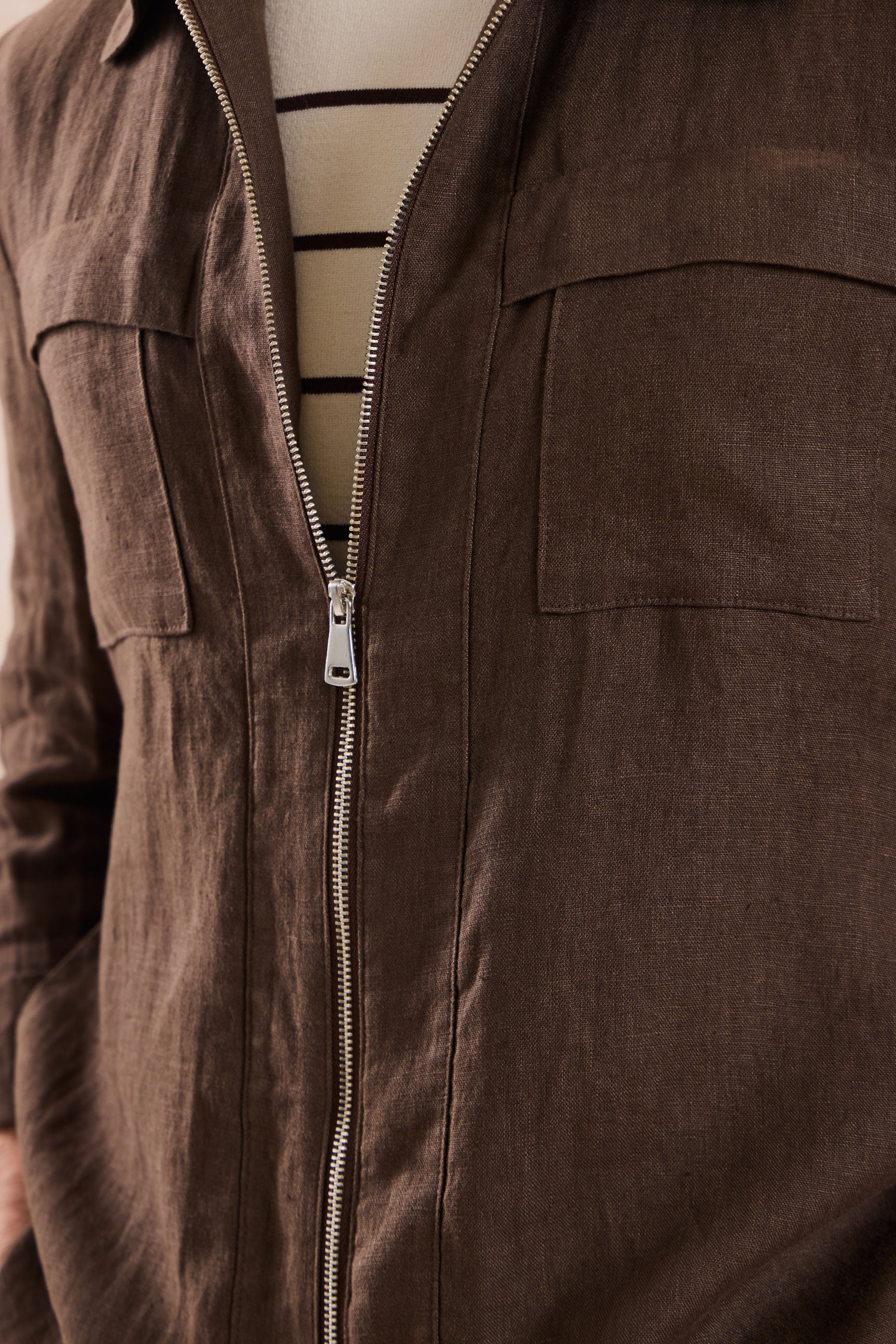 Men’s Brown Linen Smart Casual 2 Piece Suit Zip Front Safari Style Summer