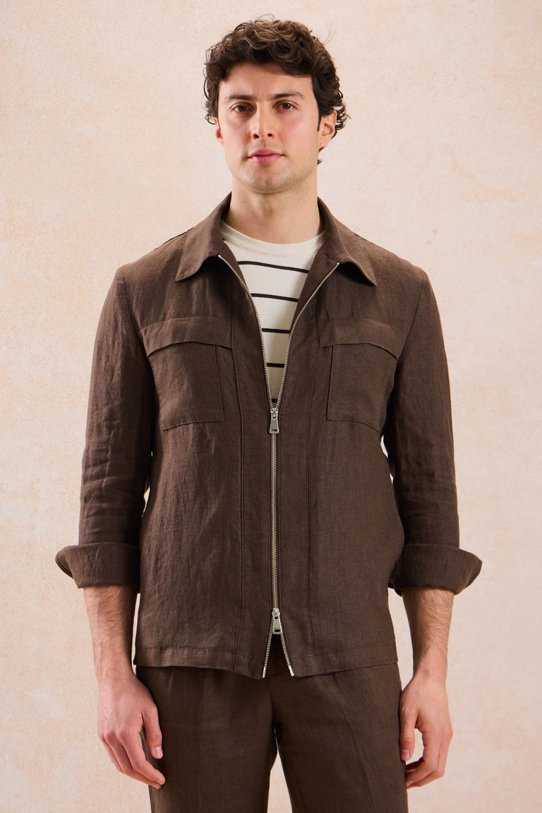 Men’s Brown Linen Zip-Up Shirt Jacket Lightweight Summer Overshirt
