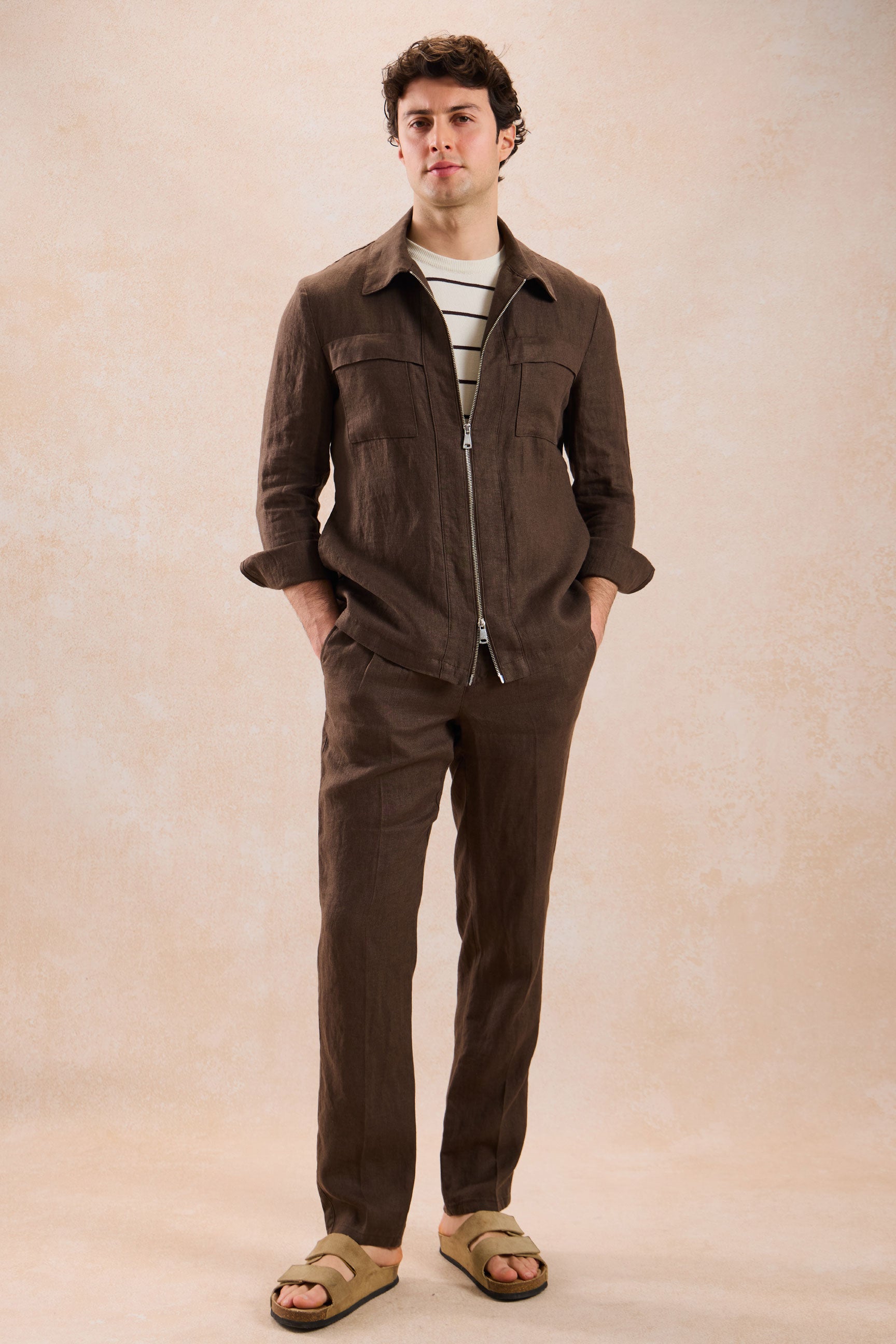 Men’s Brown Linen Zip-Up Shirt Jacket Lightweight Summer Overshirt