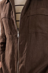 Men’s Brown Linen Zip-Up Shirt Jacket Lightweight Summer Overshirt