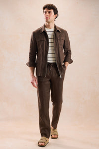 Men’s Brown Linen Zip-Up Shirt Jacket Lightweight Summer Overshirt