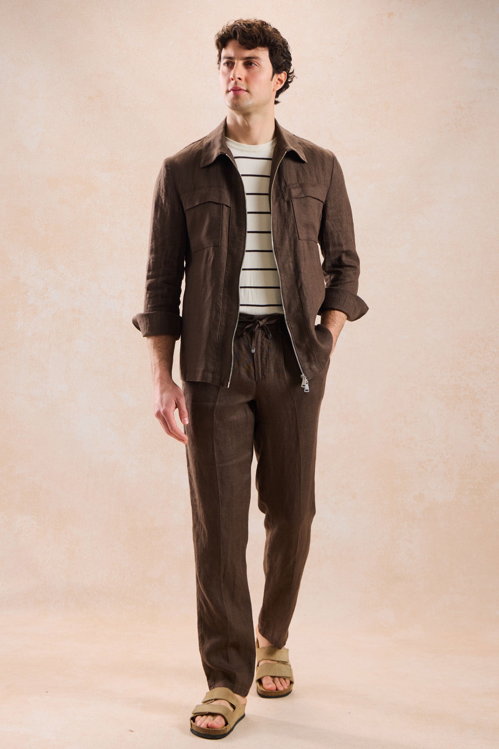 Men’s Brown Linen Zip-Up Shirt Jacket Lightweight Summer Overshirt