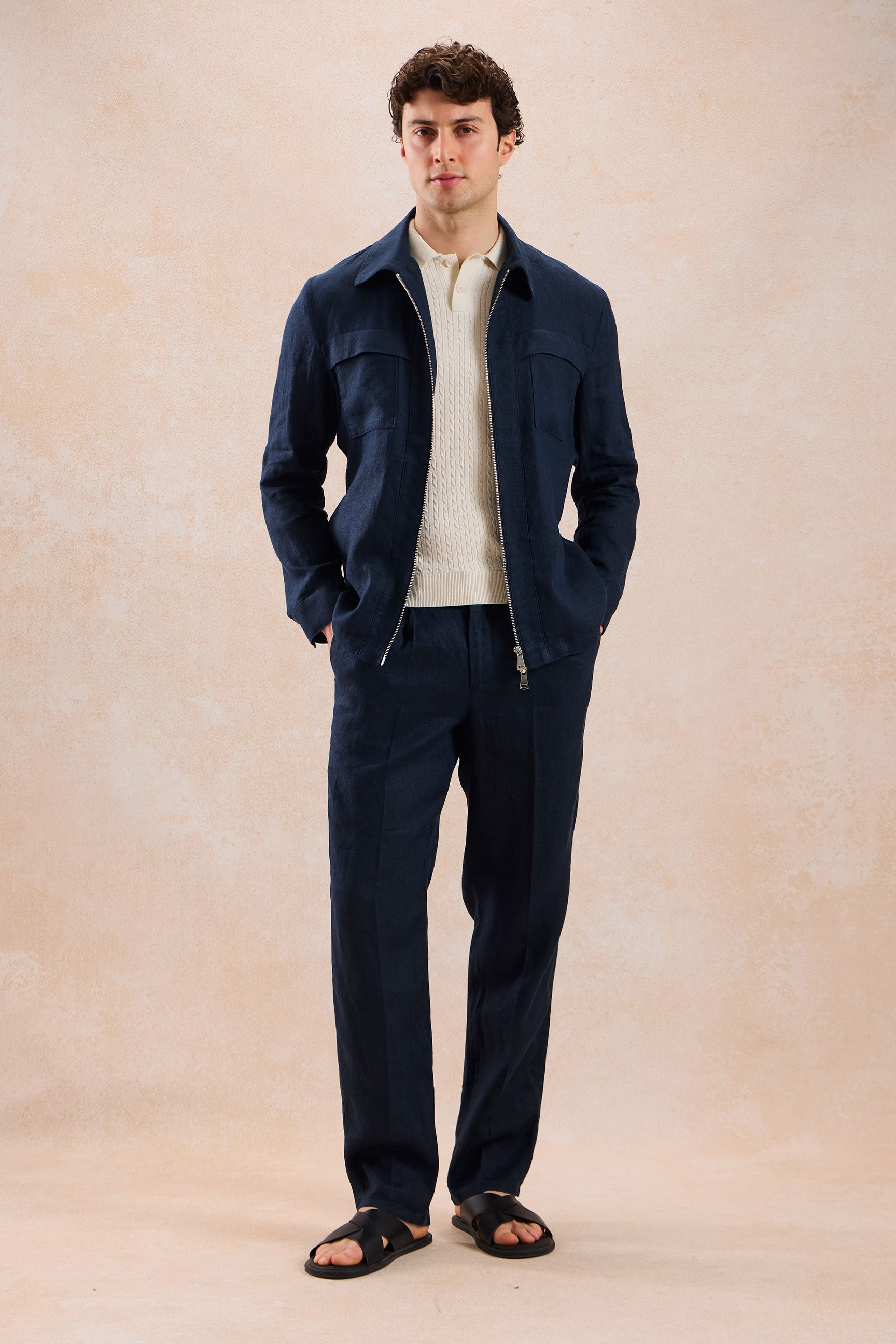 Men’s Navy Linen Smart Casual 2 Piece Suit Zip Front Safari Style Summer