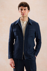 Men’s Navy Linen Smart Casual 2 Piece Suit Zip Front Safari Style Summer