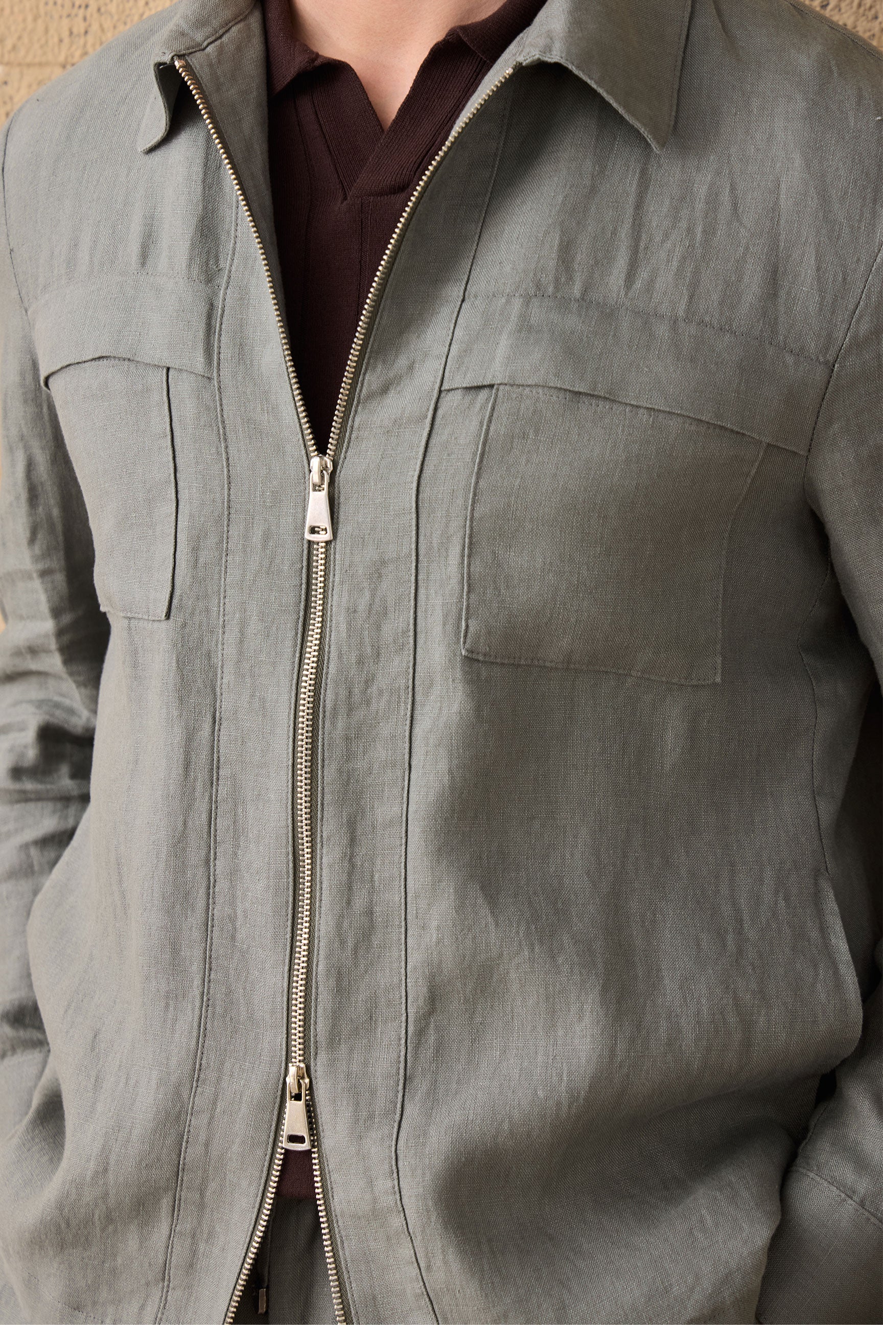 Men’s Sage Green Linen Zip-Up Shirt Jacket Lightweight Summer Overshirt