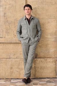 Men’s Sage Green Linen Zip-Up Shirt Jacket Lightweight Summer Overshirt