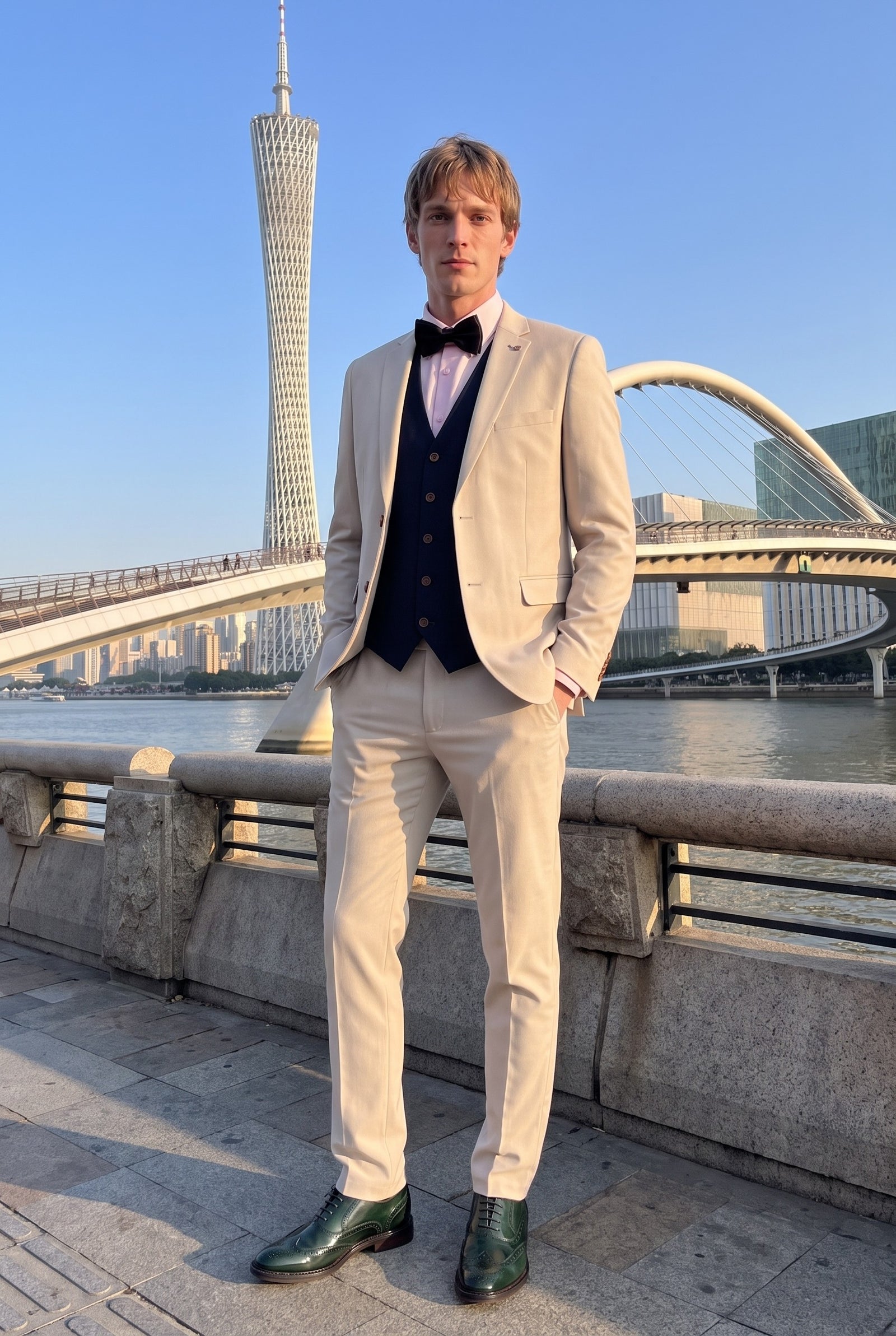 Look #999 styled with Mayfair - Men's 3 Piece Cream Suit With Navy Waistcoat
