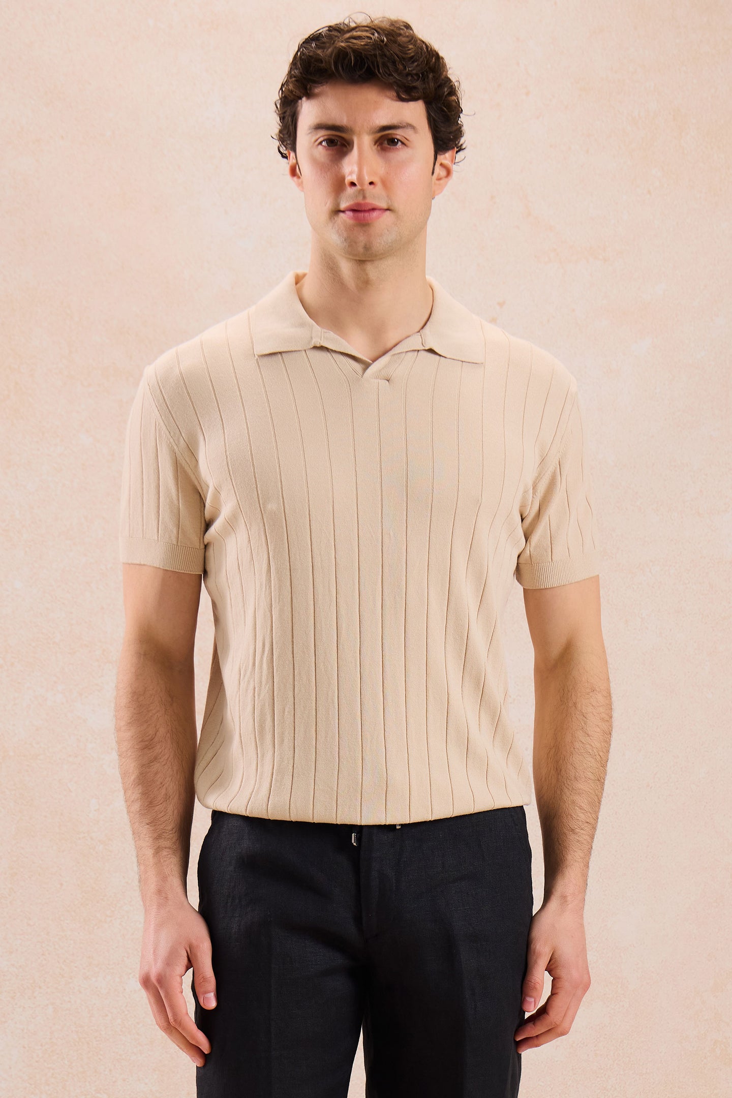 Men’s Beige Ribbed Knit Polo Shirt