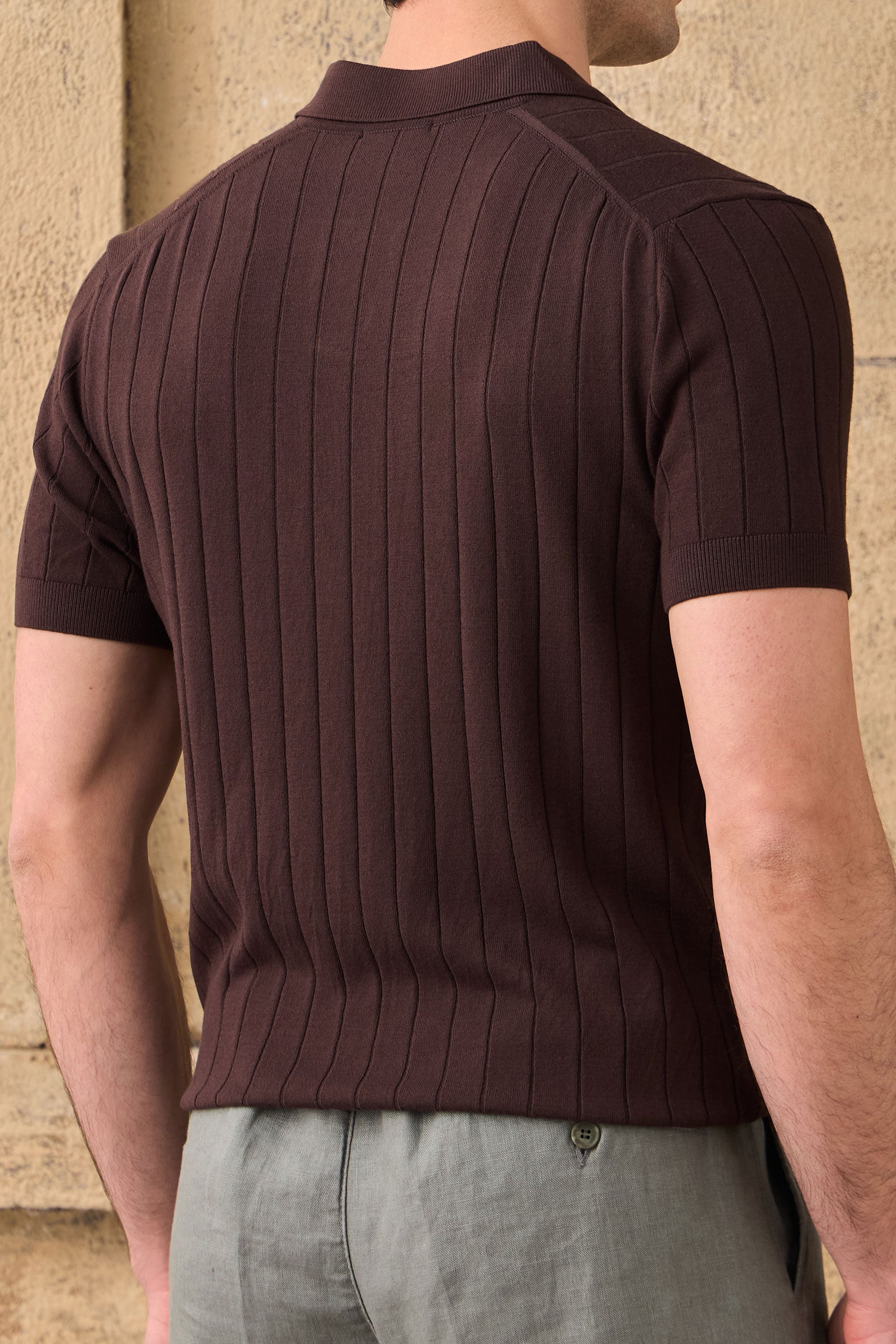 Men’s Brown Ribbed Knit Polo Shirt