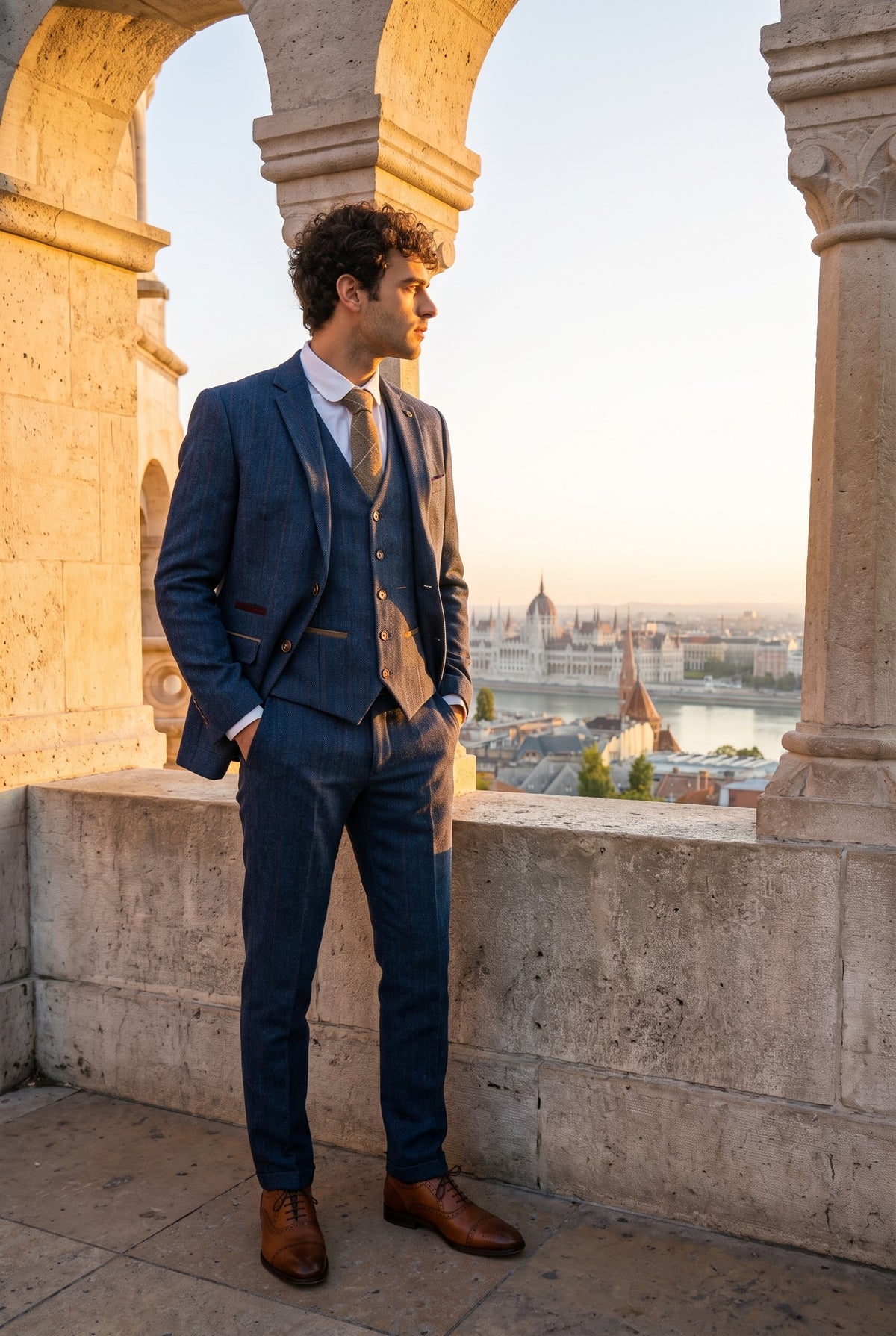 Look #365 styled with Scott Men's Blue 3-Piece Tweed Check Suit