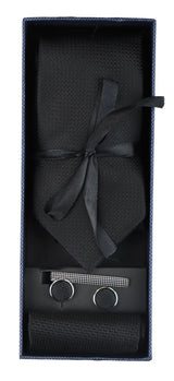 Satin Silk Textured Black Tie Gift Set Pocket Square Cuff Links Tie Matt Satin