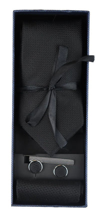 Satin Silk Textured Black Tie Gift Set Pocket Square Cuff Links Tie Matt Satin