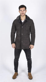 Mens Real Sheepskin Coat Brown Vintage Classic 3/4 Jacket Button Down V Neck