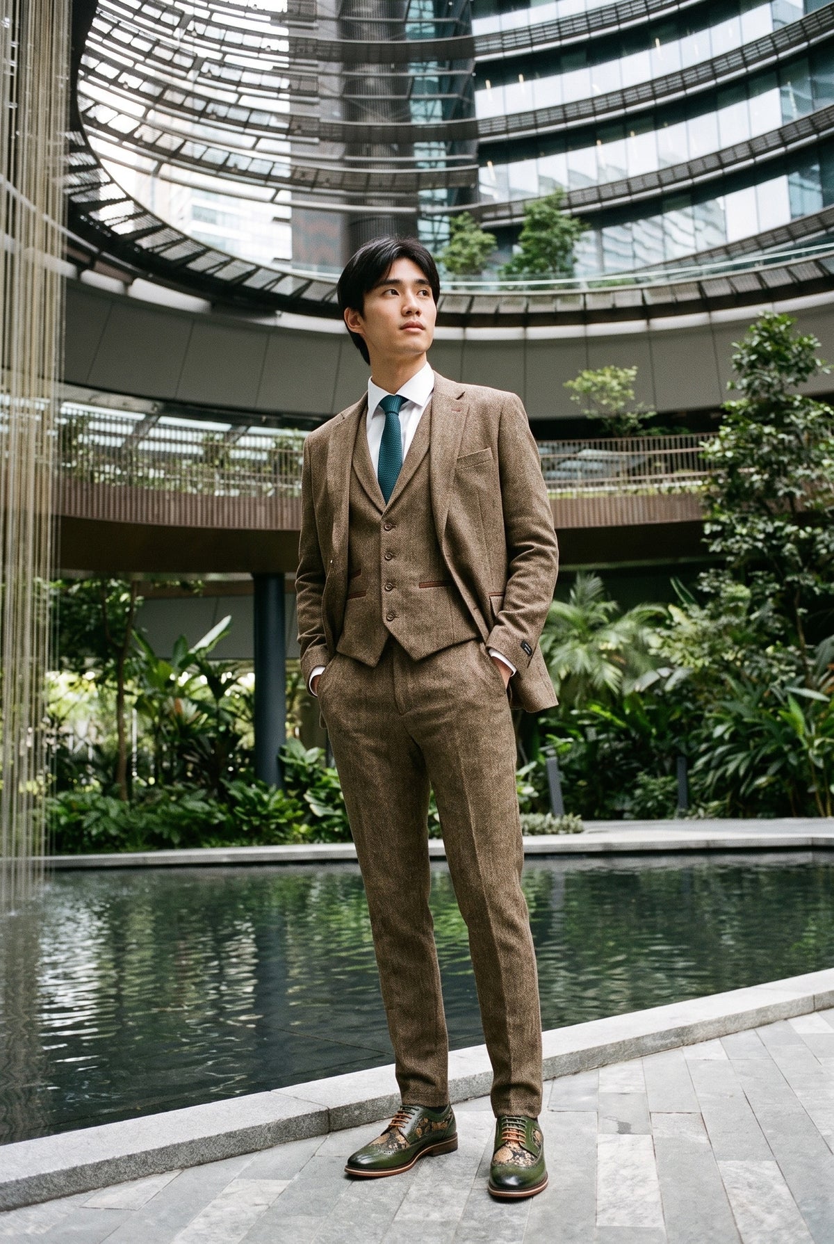 Look #939 styled with Oak-Brown Herringbone Tweed 3 Piece Suit