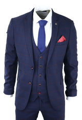 Mens Navy Check 3 Piece Suit Red Edinson Marc Darcy Classic Vintage Wedding