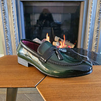 Men's Patent Tassel Slip On Green Loafers