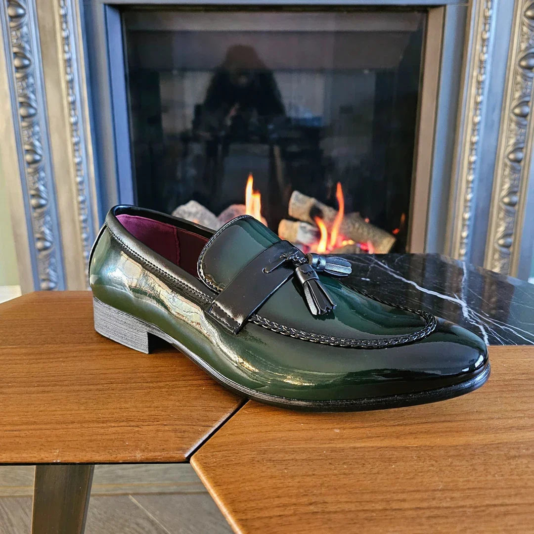 Men's Patent Tassel Slip On Green Loafers