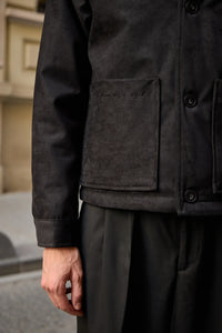Men’s Black Suede Jacket Quilted Lined Button-Up Coat