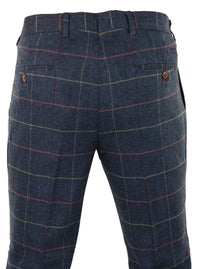 Mens Navy Blue Wine Trousers Check Herringbone Tweed Vintage New Marc Darcy