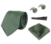 Satin Silk Textured Green Tie Gift Set Pocket Square Cuff Links Tie Matt Satin
