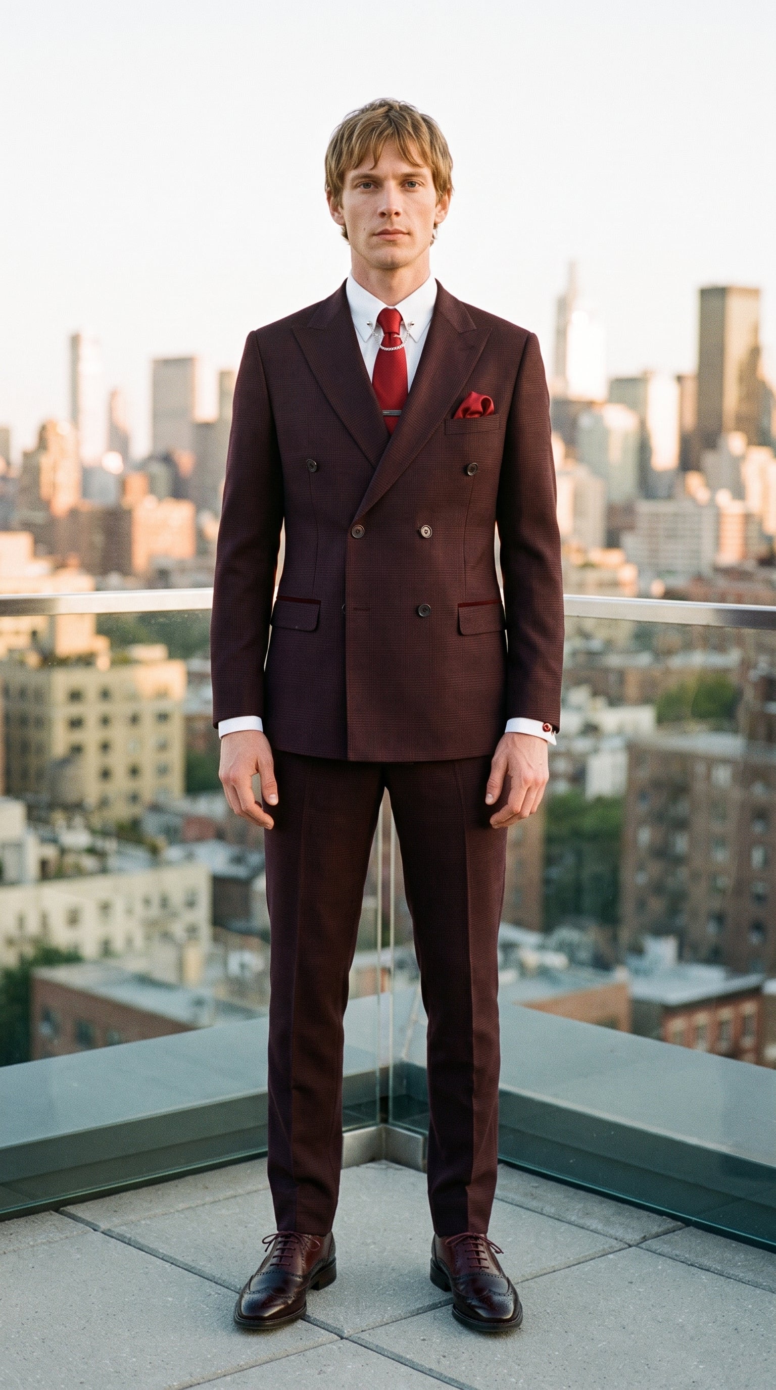 Look #488 styled with Satin Silk Textured Red Tie Gift Set Pocket Square Cuff Links Tie Matt Satin
