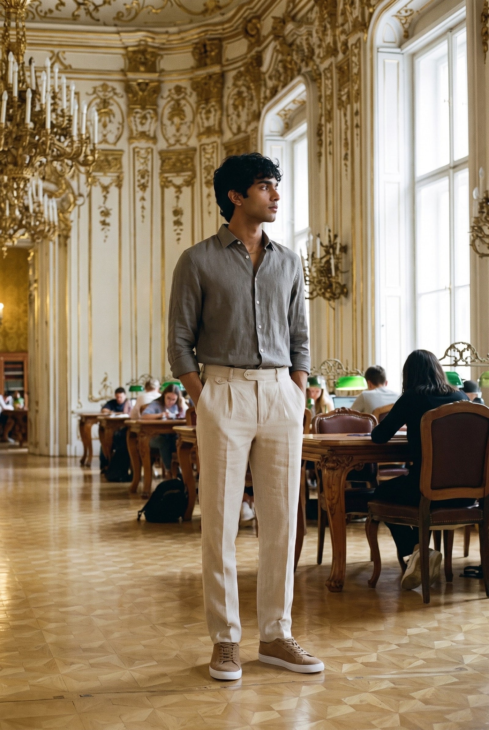 Look #1018 styled with Men’s Beige 100% Linen Pleated Drawstring Trousers Relaxed Straight Fit