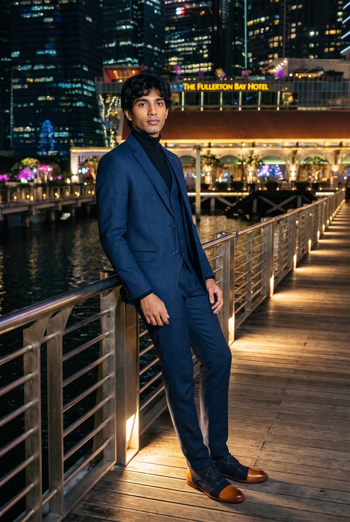Look #996 styled with Mens Navy Blue 3 Piece Suit Birdseye Suit Wedding Prom Formal Smart Classic