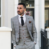 Francis Men's Grey 3-Piece Wedding Suit with Tan Brown Check and Velvet Trim