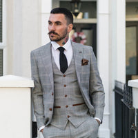 Francis Men's Grey 3-Piece Wedding Suit with Tan Brown Check and Velvet Trim
